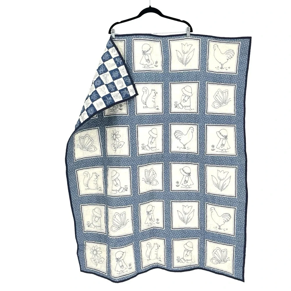 Handmade Blue Cream Sunbonnet Sue Wall Quilt Reversible Farmhouse 41x49